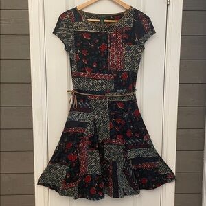 Lauren Ralph Lauren Paisley Patchwork Faux Suede Trim Dress & Waist Cord M EUC
